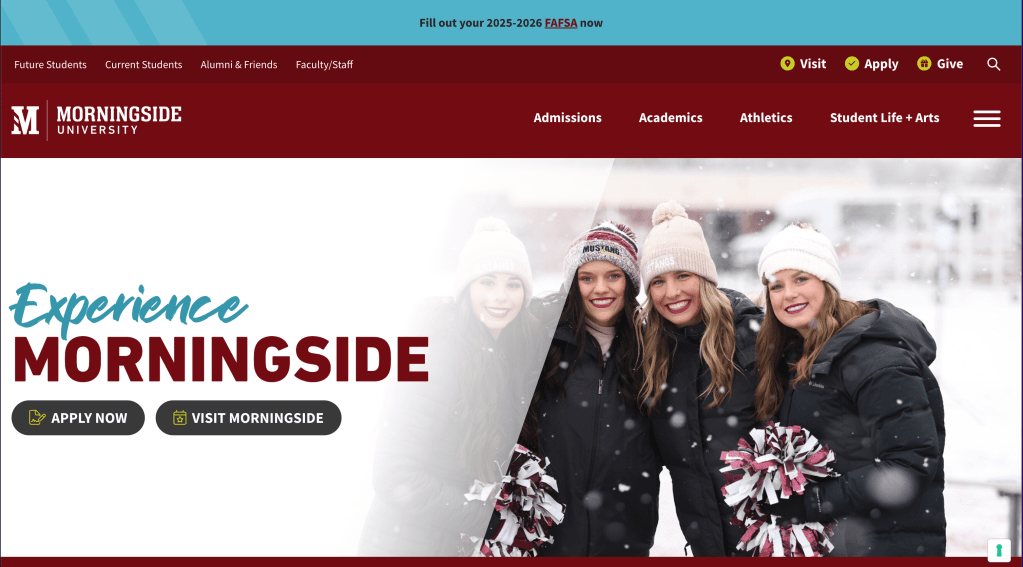 Screenshot of the top of the Morningside University website, including logo, navigation bar, and banner image that reads "Experience Morningside".