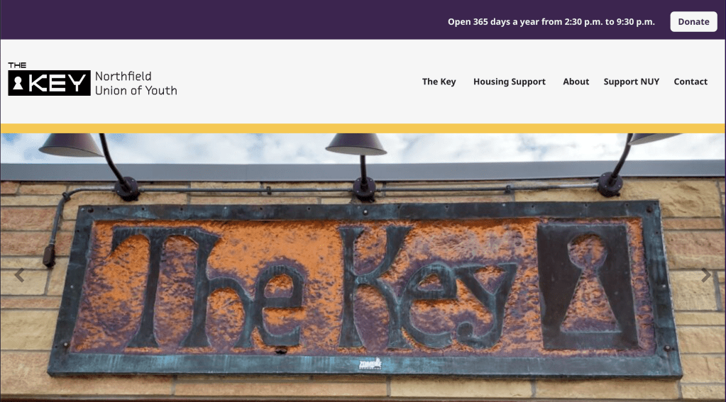 Screenshot of the top of the Northfield Union of Youth website, featuring a logo, navigation bar, and banner image of a sign that reads "The Key". 